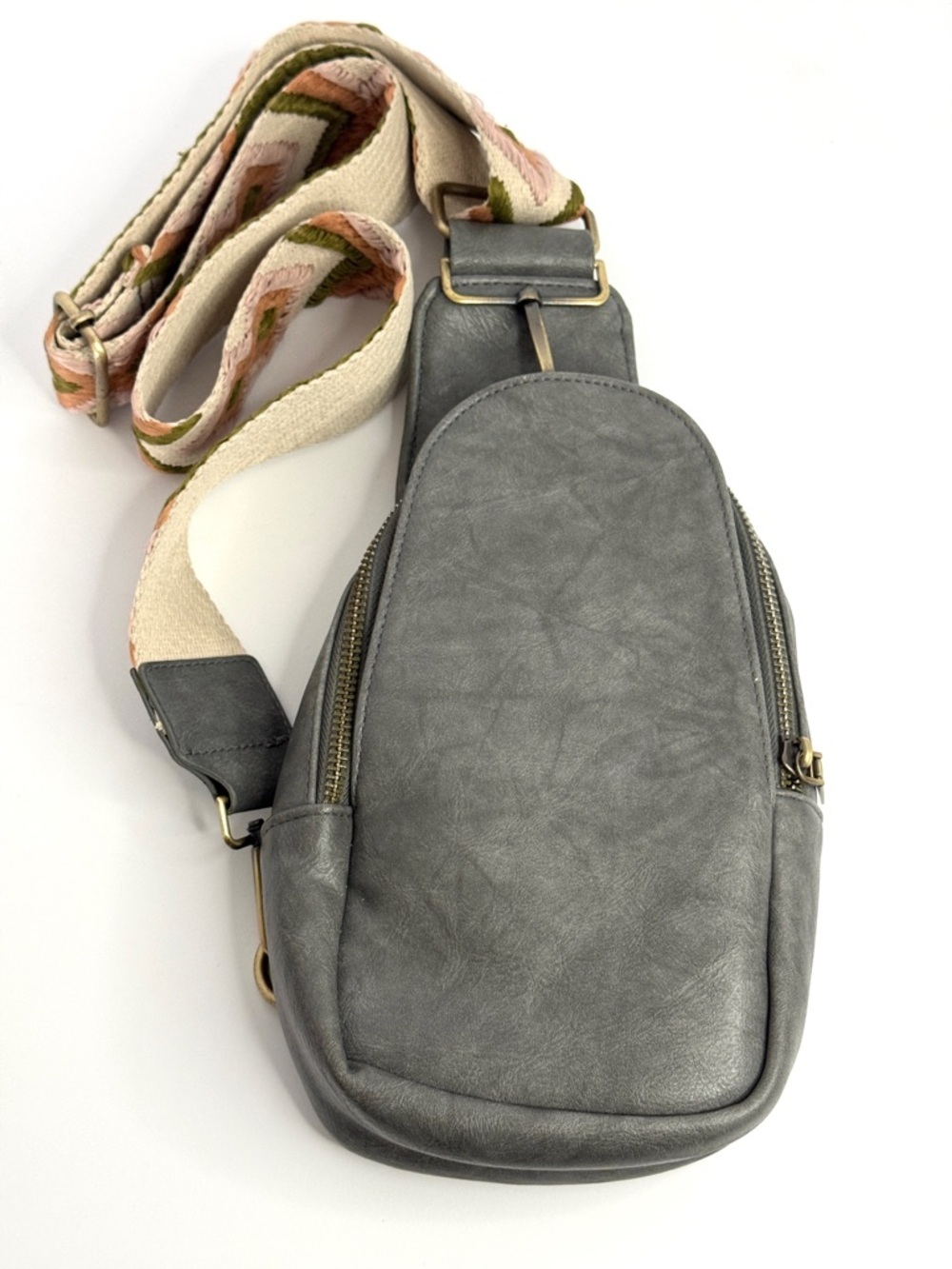 Gray Small Sling Crossbody Bag w/ Patterned Strap